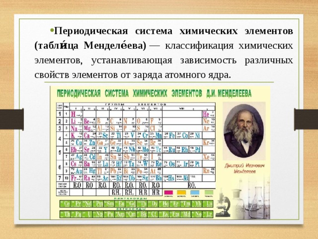Периодическая система химических элементов (табли́ца Менделе́ева)  — классификация химических элементов, устанавливающая зависимость различных свойств элементов от заряда атомного ядра.