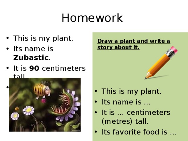 Homework This is my plant. Its name is Zubastic . It is 90 centimeters tall. Its favorite food is bees. This is my plant. Its name is … It is … centimeters (metres) tall. Its favorite food is …  Draw a plant and write a story about it.