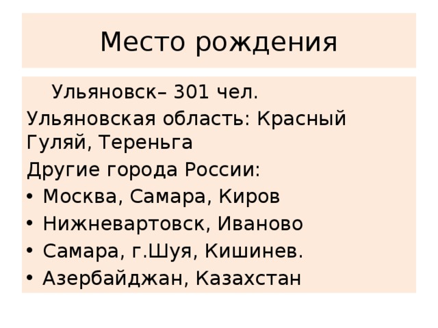 Место рождения  Ульяновск– 301 чел. Ульяновская область: Красный Гуляй, Тереньга Другие города России: