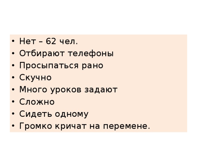 Нет – 62 чел. Отбирают телефоны Просыпаться рано Скучно Много уроков задают Сложно Сидеть одному Громко кричат на перемене.