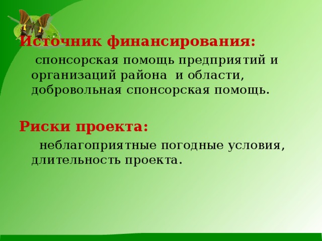 Источник финансирования:  спонсорская помощь предприятий и организаций района и области, добровольная спонсорская помощь. Риски проекта:  неблагоприятные погодные условия, длительность проекта.