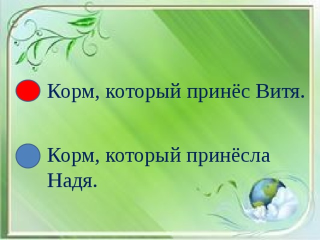 Корм, который принёс Витя. Корм, который принёсла Надя.