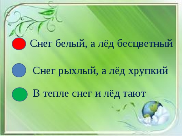 Снег белый, а лёд бесцветный Снег рыхлый, а лёд хрупкий В тепле снег и лёд тают