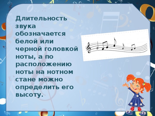 Длительность звука обозначается белой или черной головкой ноты, а по расположению ноты на нотном стане можно определить его высоту.