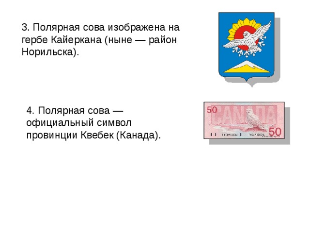 3. Полярная сова изображена на гербе Кайеркана (ныне — район Норильска). 4. Полярная сова — официальный символ провинции Квебек (Канада).