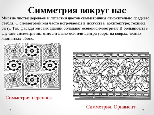 Симметрия вокруг нас Многие листья деревьев и лепестки цветов симметричны относительно среднего стебля. С симметрией мы часто встречаемся в искусстве; архитектуре; технике; быту. Так, фасады многих зданий обладают осевой симметрией. В большинстве случаев симметричны относительно оси или центра узоры на коврах, тканях, комнатных обоях. Симметрия переноса Симметрия. Орнамент