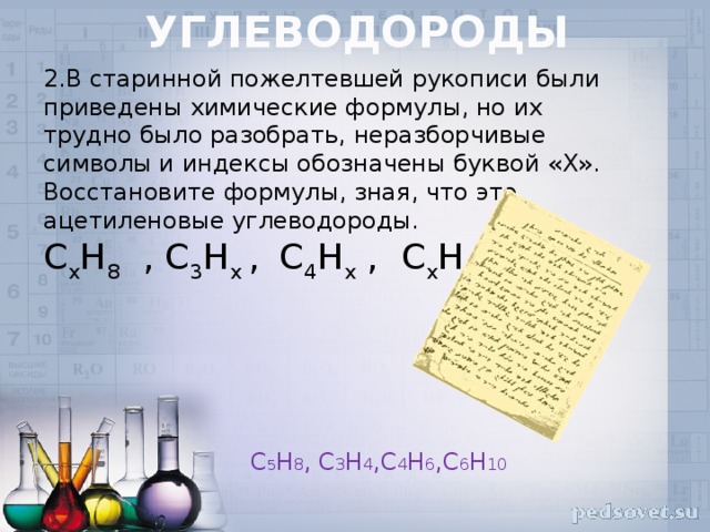 Углеводороды   2.В старинной пожелтевшей рукописи были приведены химические формулы, но их трудно было разобрать, неразборчивые символы и индексы обозначены буквой «Х». Восстановите формулы, зная, что это ацетиленовые углеводороды. C x H 8 , C 3 H x ,  C 4 H x , C x H 10 C 5 H 8 , C 3 H 4 ,C 4 H 6 ,C 6 H 10