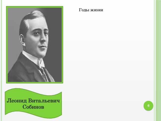 Годы жизни Леонид Витальевич Собинов 4 Вокальные данные Созданные им образы