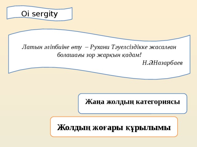 Оi sergity  Латын әліпбиіне өту  – Рухани Тәуелсіздікке жасалған болашағы зор жарқын қадам!  Н.Ә.Назарбаев    Жаңа жолдың категориясы    Жолдың жоғары құрылымы