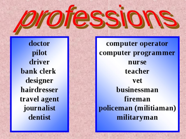 doctor pilot driver bank clerk designer hairdresser travel agent journalist dentist  computer operator computer programmer nurse teacher vet businessman fireman policeman (militiaman) militaryman