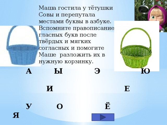 Маша гостила у тётушки Совы и перепутала местами буквы в азбуке. Вспомните правописание гласных букв после твёрдых и мягких согласных и помогите Маше разложить их в нужную корзинку.    А   Ы  Э  Ю    И  Е     У   О  Ё  Я