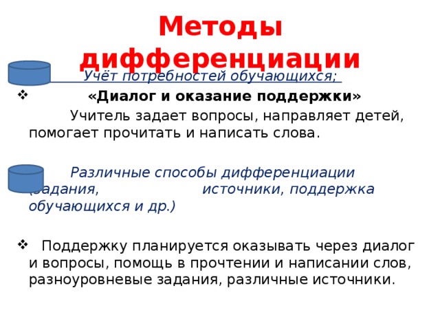 Методы дифференциации  Учёт потребностей обучающихся;  «Диалог и оказание поддержки»  Учитель задает вопросы, направляет детей, помогает прочитать и написать слова.  Различные способы дифференциации (задания, источники, поддержка обучающихся и др.)