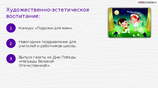 Художественно-эстетическое воспитание: 1 Конкурс «Поделки для мам». 2 Новогоднее поздравление для учителей и работников школы. 3 Выпуск газеты ко Дню Победы «Награды Великой Отечественной». 17