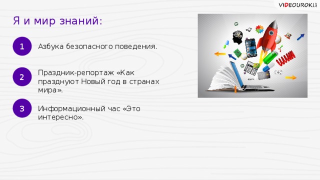 Я и мир знаний: 1 Азбука безопасного поведения. 2 Праздник-репортаж «Как празднуют Новый год в странах мира». 3 Информационный час «Это интересно». 19