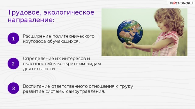 Трудовое, экологическое направление: 1 Расширение политехнического кругозора обучающихся. Определение их интересов и склонностей к конкретным видам деятельности. 2 3 Воспитание ответственного отношения к труду, развитие системы самоуправления. 7