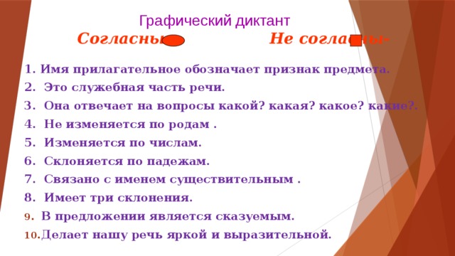 Графический диктант   Согласны –  Не согласны- 1. Имя прилагательное обозначает признак предмета. 2. Это служебная часть речи. 3. Она отвечает на вопросы какой? какая? какое? какие?. 4. Не изменяется по родам . 5. Изменяется по числам. 6. Склоняется по падежам. 7. Связано с именем существительным . 8. Имеет три склонения.