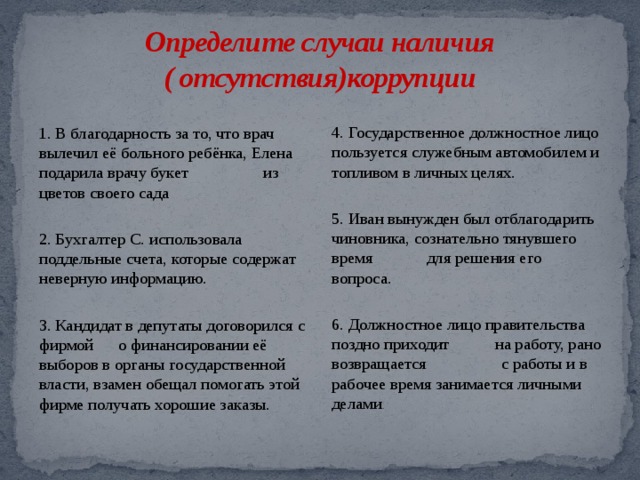 Определите случаи наличия  ( отсутствия)коррупции 4. Государственное должностное лицо пользуется служебным автомобилем и топливом в личных целях. 5. Иван вынужден был отблагодарить чиновника, сознательно тянувшего время для решения его вопроса. 6. Должностное лицо правительства поздно приходит на работу, рано возвращается с работы и в рабочее время занимается личными делами . 1. В благодарность за то, что врач вылечил её больного ребёнка, Елена подарила врачу букет из цветов своего сада 2. Бухгалтер С. использовала поддельные счета, которые содержат неверную информацию. 3. Кандидат в депутаты договорился с фирмой о финансировании её выборов в органы государственной власти, взамен обещал помогать этой фирме получать хорошие заказы.