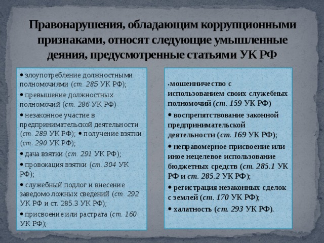 Правонарушения, обладающим коррупционными признаками, относят следующие умышленные деяния, предусмотренные статьями УК РФ   злоупотребление должностными полномочиями ( ст. 285 УК РФ);   мошенничество с использованием своих служебных полномочий ( ст. 159 УК РФ)   превышение должностных полномочий ( ст. 286 УК РФ)   воспрепятствование законной предпринимательской деятельности ( ст. 169 УК РФ);   незаконное участие в предпринимательской деятельности ( ст. 289 УК РФ);  получение взятки ( ст . 290 УК РФ);   неправомерное присвоение или иное нецелевое использование бюджетных средств ( ст. 285.1 УК РФ и ст. 285.2 УК РФ);   дача взятки ( ст. 291 УК РФ);   регистрация незаконных сделок с землей ( ст. 170 УК РФ);   провокация взятки ( ст. 304 УК РФ);   халатность ( ст. 293 УК РФ).   служебный подлог и внесение заведомо ложных сведений ( ст. 292 УК РФ и ст. 285.3 УК РФ);   присвоение или растрата ( ст. 160 УК РФ);