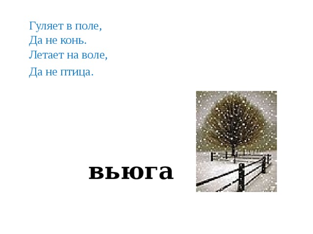 Гуляет в поле, Да не конь. Летает на воле, Да не птица. вьюга