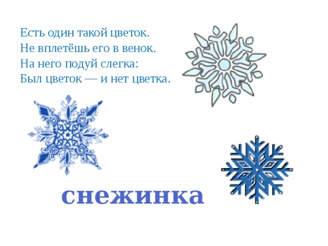 Есть один такой цветок. Не вплетёшь его в венок. На него подуй слегка: Был цветок — и нет цветка. снежинка