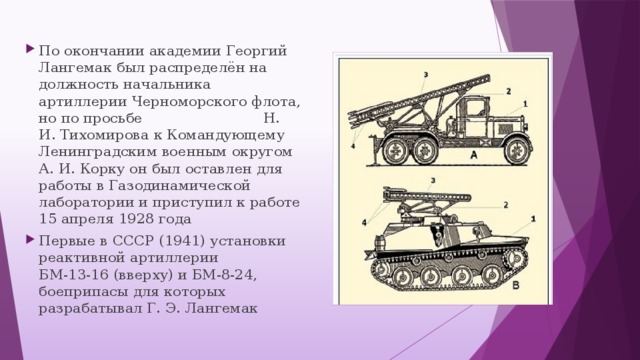 По окончании академии Георгий Лангемак был распределён на должность начальника артиллерии Черноморского флота, но по просьбе Н. И. Тихомирова к Командующему Ленинградским военным округом А. И. Корку он был оставлен для работы в Газодинамической лаборатории и приступил к работе 15 апреля 1928 года Первые в СССР (1941) установки реактивной артиллерии БМ-13-16 (вверху) и БМ-8-24, боеприпасы для которых разрабатывал Г. Э. Лангемак