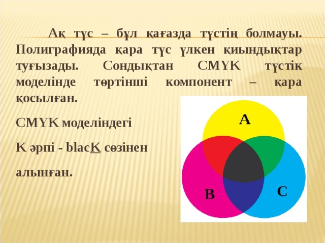 Ақ түс – бұл қағазда түстің болмауы. Полиграфияда қара түс үлкен қиындықтар туғызады. Сондықтан CMYK түстік моделінде төртінші компонент – қара қосылған. CMYK моделіндегі K әрпі - blac K сөзінен алынған.