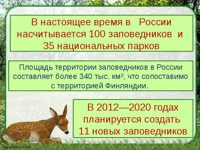 В настоящее время в   России насчитывается 100 заповедников  и  35 национальных парков Площадь территории заповедников в России составляет более 340 тыс. км², что сопоставимо с территорией Финляндии. В 2012—2020 годах планируется создать 11 новых заповедников