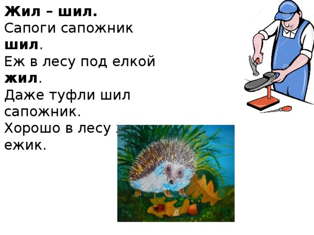 Жил – шил. Сапоги сапожник шил . Еж в лесу под елкой жил . Даже туфли шил сапожник. Хорошо в лесу жил ежик.