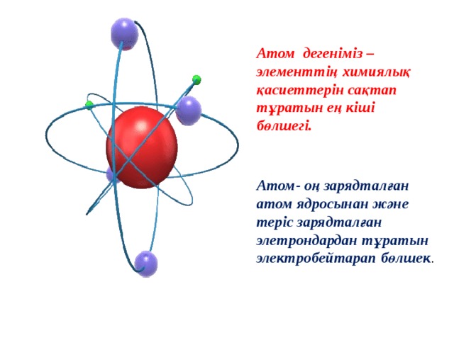 Атом дегеніміз – элементтің химиялық қасиеттерін сақтап тұратын ең кіші бөлшегі. Атом- оң зарядталған атом ядросынан және теріс зарядталған элетрондардан тұратын электробейтарап бөлшек .