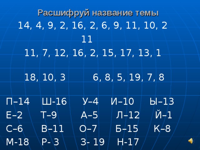 Расшифруй название темы  14, 4, 9, 2, 16, 2, 6, 9, 11, 10, 2  11  11, 7, 12, 16, 2, 15, 17, 13, 1  18, 10, 3 6, 8, 5, 19, 7, 8  П–14 Ш-16 У–4 И–10 Ы–13 Е–2 Т–9 А–5 Л–12 Й–1 С–6 В–11 О–7 Б–15 К–8 М-18 Р- 3 З- 19 Н-17