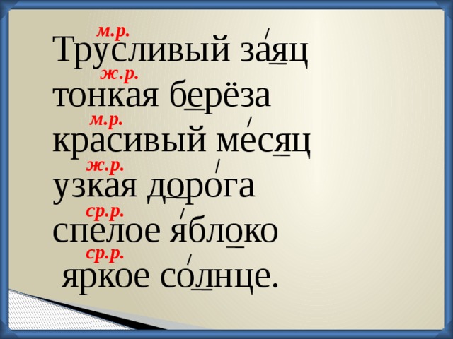 м.р. Трусливый заяц тонкая берёза красивый месяц узкая дорога спелое яблоко  яркое солнце. ж.р. м.р. ж.р. ср.р. ср.р.