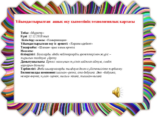 Ұйымдастырылған ашық оқу қызметінің технологиялық картасы  Тобы: «Мұрагер»   Күні 12 12 2018 жыл   Білім беру саласы:  «Коммуникация» Ұйымдастырылған оқу іс-әрекеті:  «Көркем әдебиет» Тақырыбы: «Шалқан» орыс халық ертегісі Мақсаты:  білімділігі : Балаларды әдеби кейіпкерлердің әрекеттерімен жүріс – тұрысын талдауға үйрету. Дамытушылығы .  Ертегі мазмұнын түсініп қайтлап айтуға, сөздік қорларын дамыту. Тәрбиелігі:   Әдеби шығармаларды тыңдауға деген сүйіспеншілікке тәрбиелеу.   Билингвалды компонент: шалқан –репка, ата-дедушка. Әже –бабушка, немере-внучка, күшік- щенок, мысық- кошка, тышқан-мышка