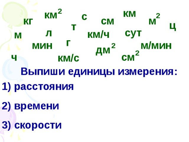 км 2 км с 2 кг см м ц т сут л км / ч м г мин м / мин 2 дм 2 ч см км / с Выпиши единицы измерения : 1) расстояния 2) времени 3) скорости