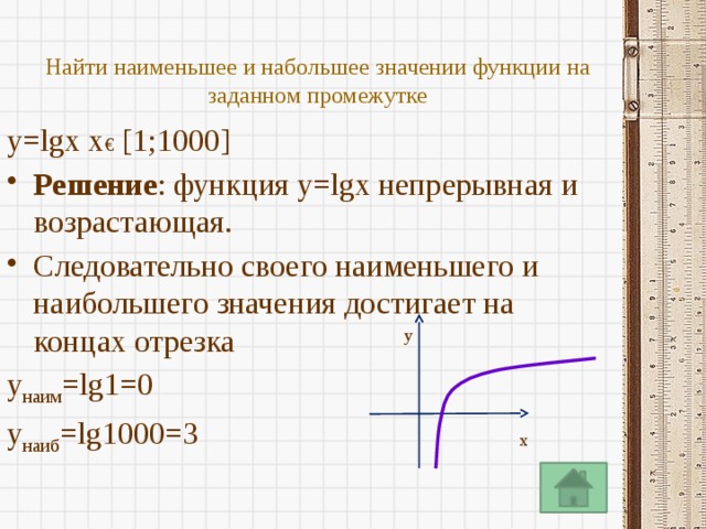Найти наименьшее и набольшее значении функции на заданном промежутке y=lgx x € [1;1000] Решение : функция y=lgx непрерывная и возрастающая. Следовательно своего наименьшего и наибольшего значения достигает на концах отрезка y наим =lg1=0 y наиб =lg1000=3 y x