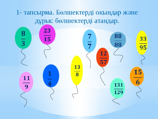 1- тапсырма. Бөлшектерді оқыңдар және дұрыс бөлшектерді атаңдар.                      