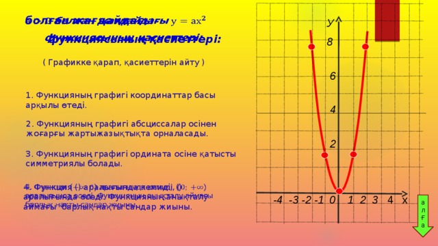   болған жағдайдағы  функциясының қасиеттері: У 8   6               4                      2 ( Графикке қарап, қасиеттерін айту ) 1. Функцияның графигі координаттар басы арқылы өтеді. 2. Функцияның графигі абсциссалар осінен жоғарғы жартыжазықтықта орналасады. 3. Функцияның графигі ордината осіне қатысты симметриялы болады. 4. Функция () аралығында кемиді, () аралығында өседі. Функцияның анықталу аймағы барлық нақты сандар жиыны.     -4 -3 -2 -1  0 1 2 3 4 х  ал Ғ а