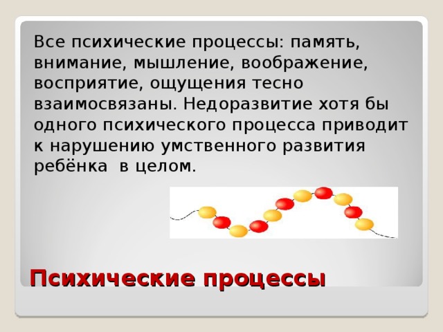 Все психические процессы: память, внимание, мышление, воображение, восприятие, ощущения тесно взаимосвязаны. Недоразвитие хотя бы одного психического процесса приводит к нарушению умственного развития ребёнка в целом. Психические процессы