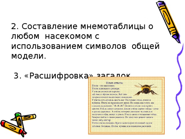 2. Составление мнемотаблицы о любом насекомом с использованием символов общей модели.  3. «Расшифровка» загадок.