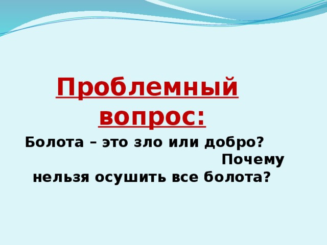 Проблемный вопрос:  Болота – это зло или добро? Почему нельзя осушить все болота?