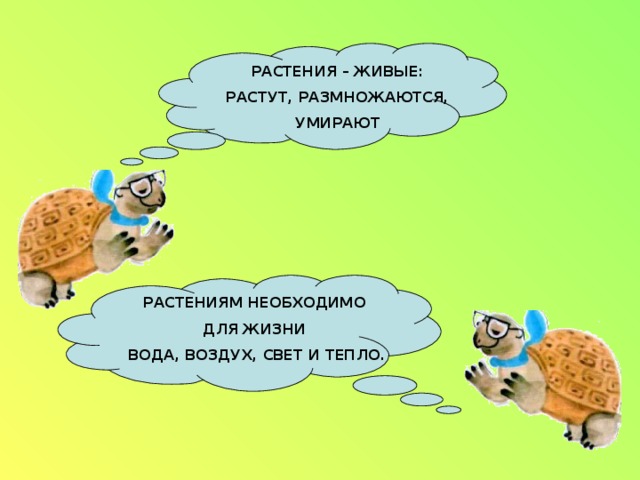 РАСТЕНИЯ – ЖИВЫЕ: РАСТУТ, РАЗМНОЖАЮТСЯ, УМИРАЮТ РАСТЕНИЯМ НЕОБХОДИМО ДЛЯ ЖИЗНИ ВОДА, ВОЗДУХ, СВЕТ И ТЕПЛО.