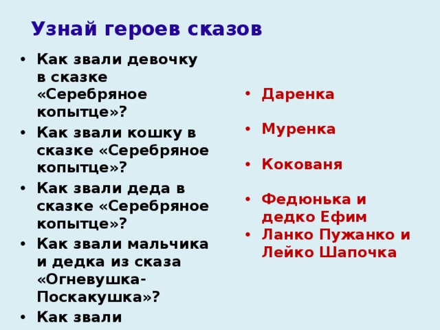 Узнай героев сказов   Как звали девочку в сказке «Серебряное копытце»? Как звали кошку в сказке «Серебряное копытце»? Как звали деда в сказке «Серебряное копытце»? Как звали мальчика и дедка из сказа «Огневушка-Поскакушка»? Как звали мальчиков из сказа «Голубая змейка»? Даренка  Муренка  Кокованя