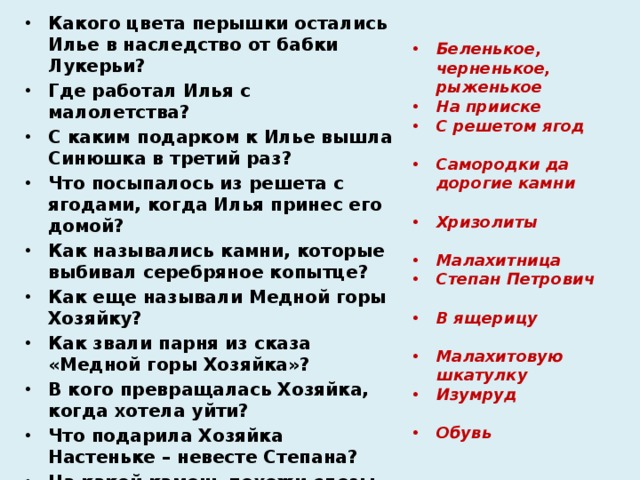 Какого цвета перышки остались Илье в наследство от бабки Лукерьи?  Где работал Илья с малолетства?  С каким подарком к Илье вышла Синюшка в третий раз? Что посыпалось из решета с ягодами, когда Илья принес его домой?  Как назывались камни, которые выбивал серебряное копытце?  Как еще называли Медной горы Хозяйку? Как звали парня из сказа «Медной горы Хозяйка»? В кого превращалась Хозяйка, когда хотела уйти?  Что подарила Хозяйка Настеньке – невесте Степана?  На какой камень похожи слезы Хозяйки?  В сказе «Синюшкин колодец» упоминаются баретки. Что это?  Беленькое, черненькое, рыженькое На прииске С решетом ягод  Самородки да дорогие камни  Хризолиты  Малахитница Степан Петрович  В ящерицу  Малахитовую шкатулку Изумруд  Обувь