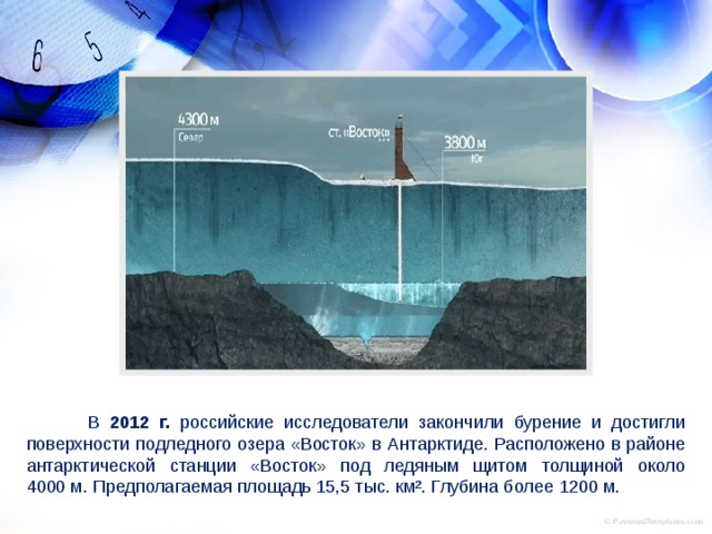 В 2012 г. российские исследователи закончили бурение и достигли поверхности подледного озера «Восток» в Антарктиде. Расположено в районе антарктической станции «Восток» под ледяным щитом толщиной около 4000 м. Предполагаемая площадь 15,5 тыс. км². Глубина более 1200 м.