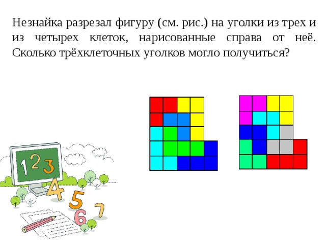 Незнайка разрезал фигуру (см. рис.) на уголки из трех и из четырех клеток, нарисованные справа от неё. Сколько трёхклеточных уголков могло получиться?