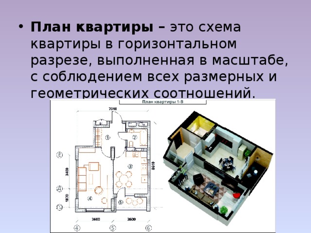 План квартиры – это схема квартиры в горизонтальном разрезе, выполненная в масштабе, с соблюдением всех размерных и геометрических соотношений.