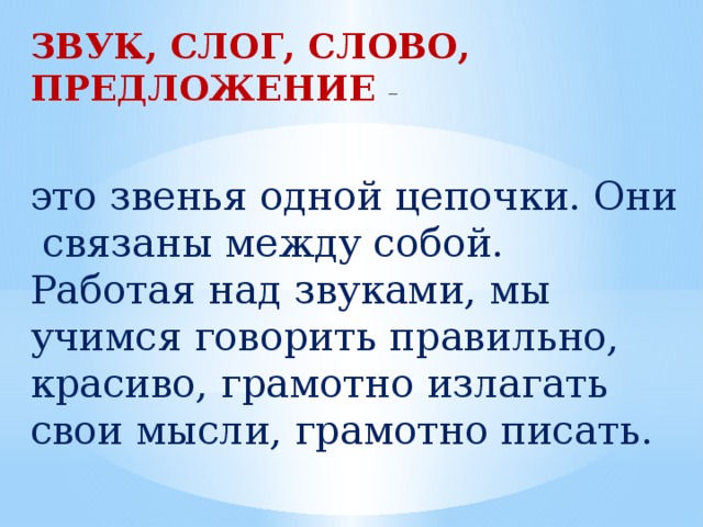 ЗВУК, СЛОГ, СЛОВО, ПРЕДЛОЖЕНИЕ – это звенья одной цепочки. Они связаны между собой. Работая над звуками, мы учимся говорить правильно, красиво, грамотно излагать свои мысли, грамотно писать.