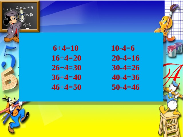 Үй тапсырмасы  6+4=10 10-4=6  16+4=20 20-4=16  26+4=30 30-4=26  36+4=40 40-4=36  46+4=50 50-4=46 1. №6, 139-бет. 2. Сандарды ондықтар, бірліктерге жіктеу. 3. Ауызша есептеу.