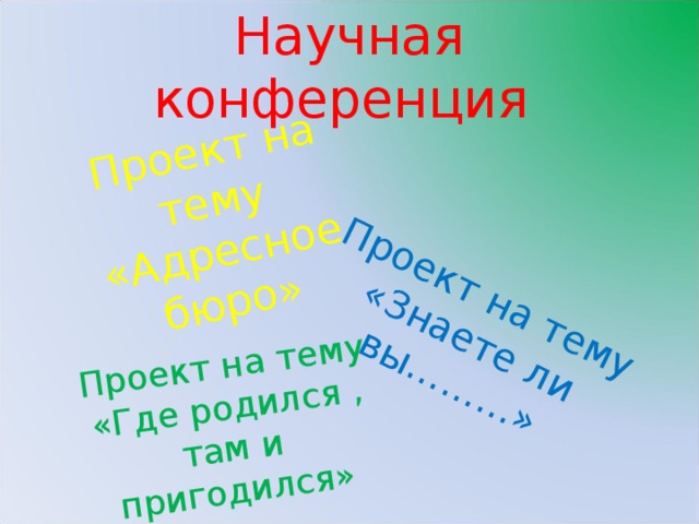 Проект на тему «Адресное бюро» Проект на тему «Знаете ли вы………» Проект на тему «Где родился , там и пригодился» Научная конференция 11 11