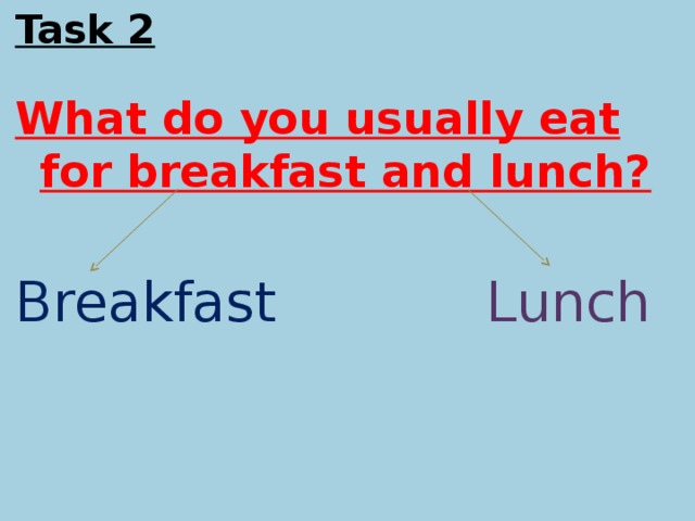 Task 2  What do you usually eat for breakfast and lunch? Breakfast Lunch      