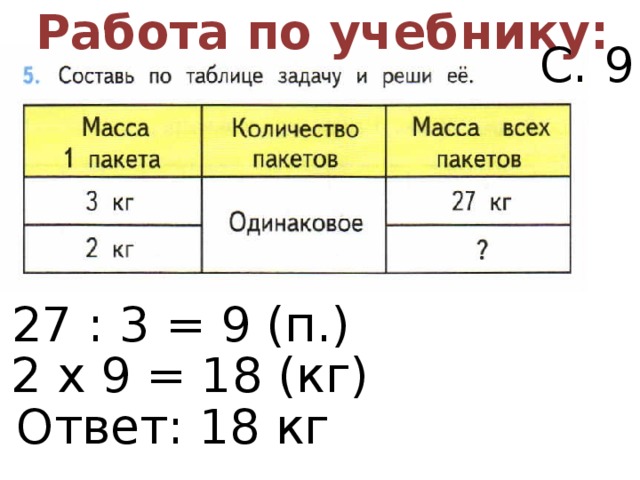 Работа по учебнику: С. 9 27 : 3 = 9 (п.) 2 х 9 = 18 (кг) Ответ: 18 кг